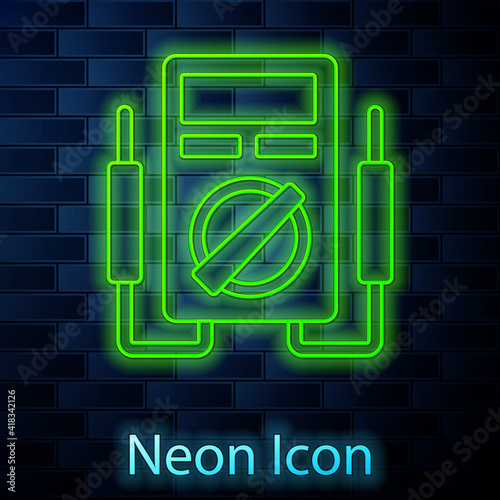 Glowing neon line Ampere meter, multimeter, voltmeter icon isolated on brick wall background. Instruments for measurement of electric current. Vector.