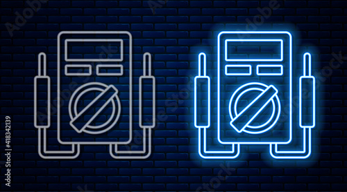 Glowing neon line Ampere meter, multimeter, voltmeter icon isolated on brick wall background. Instruments for measurement of electric current. Vector.