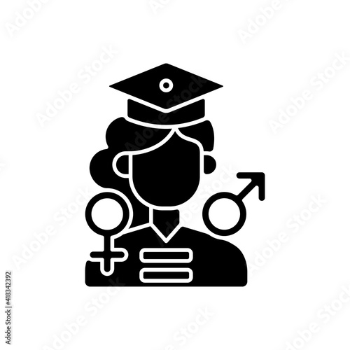 Equal education opportunities black glyph icon. Feminism movement. Establishing social justice. Expansion of the rights of women. Silhouette symbol on white space. Vector isolated illustration