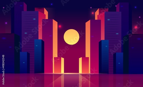 Night city landscape background. Skyscrapers on dark backdrop with sunset and bright stars. High buildings illustration. Neon retro futuristic styled web banner. Cityscape. Vintage city.