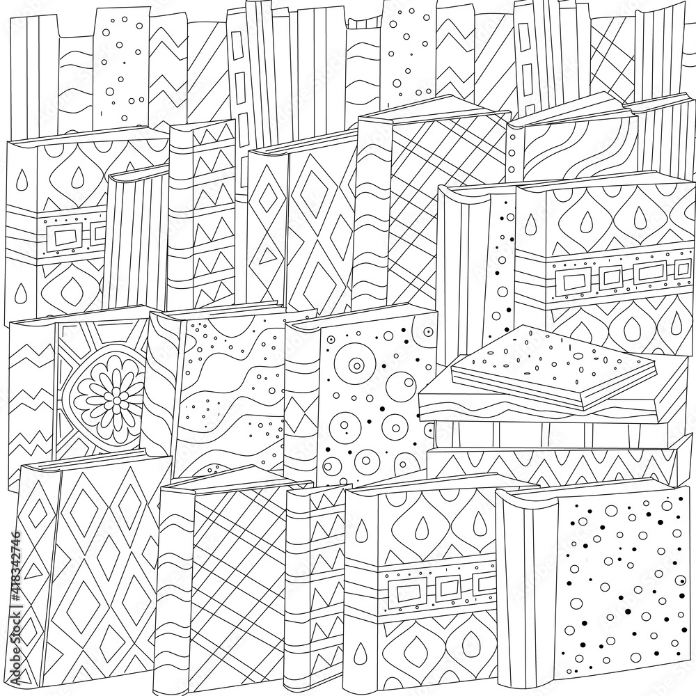 stacks of books with funny book covers for your coloring page