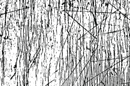 Grunge texture of scratched wood surface. Monochrome background of an old damaged board with streaks, scratches, spots, noise and graininess. Overlay template. Vector illustration