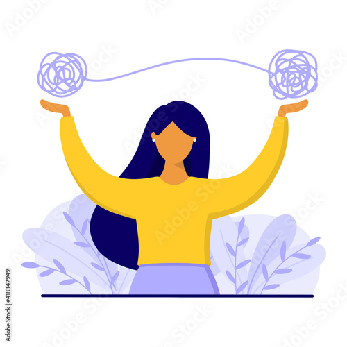 Woman with tangled thread above. Mental health and psychological problems concept. Flat style vector illustration.