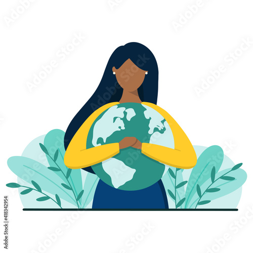 Black woman hugs planet Earth with love and care. Earth day or save planet concept. Flat style vector illustration.