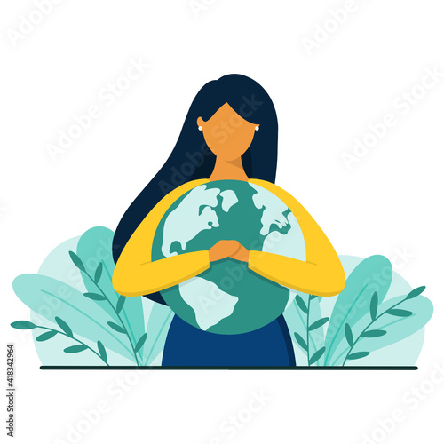 Woman hugs planet Earth with love and care. Save the planet concept. Flat style vector illustration.