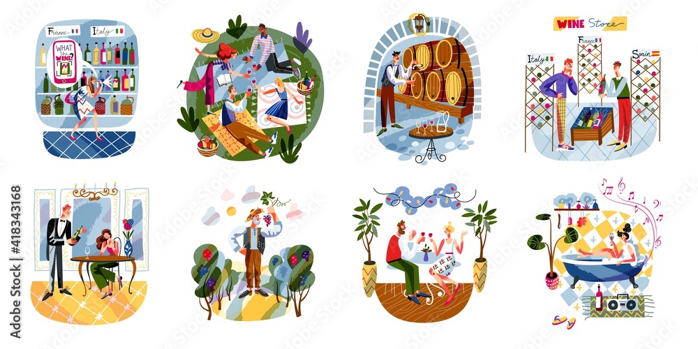 Obraz premium People drinking wine set. Man and woman on romantic date, people on picnic, in store, sitting in restaurant or cafe, storage with barrels. Eating and drinking vector illustration