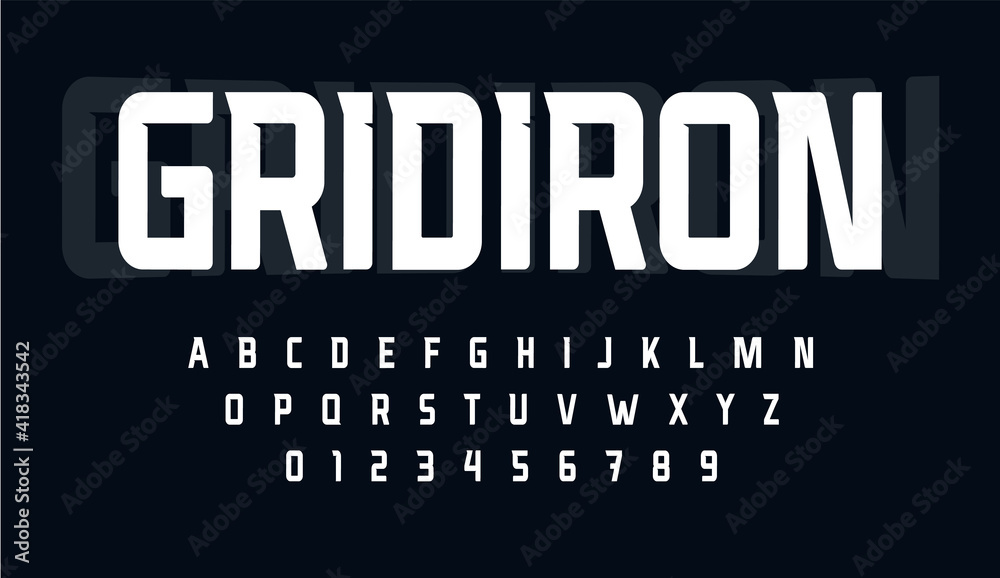 Sport condensed alphabet. Tall monumental font for modern american football logo. Typeset for rugby gridiron branding, sport headline, monogram. Minimal style letters, vector typographic design
