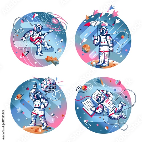 Funny astronaut in space set. Man dancing to funky disco music, playing guitar, standing with umbrella in space, reading book. Space exploration fun entertainment vector illustration