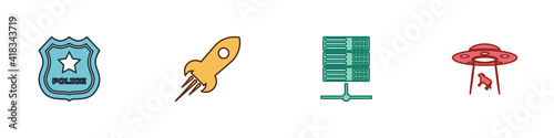 Set Police badge, Rocket ship with fire, Server, Data, Web Hosting and UFO abducts cow icon. Vector.