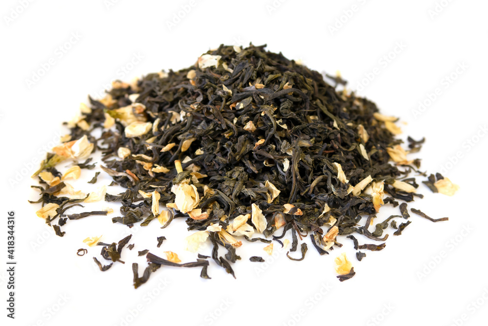 Heap of dry green tea leaves with jasmine on white background Heap of dry green tea leaves with jasmine on white background