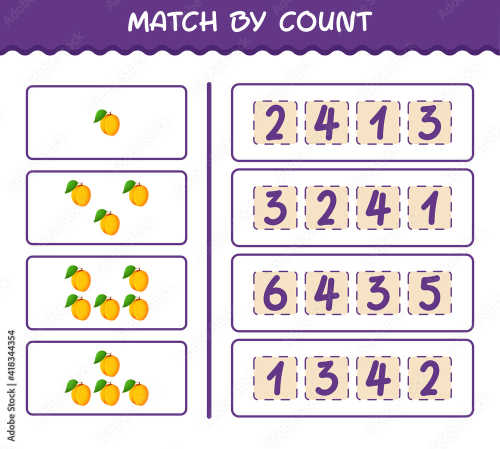 Fototapeta premium Match by count of cartoon apricot. Match and count game. Educational game for pre shool years kids and toddlers