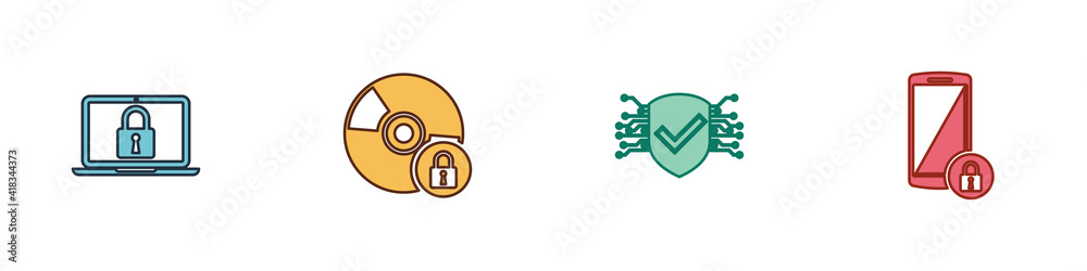 Set Laptop and lock, CD or DVD disk with, Cyber security and Smartphone icon. Vector.