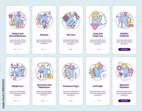 Post-covid syndrome onboarding mobile app page screen with concepts set. Pain in chest and palpitations walkthrough 5 steps graphic instructions. UI vector template with RGB color illustrations