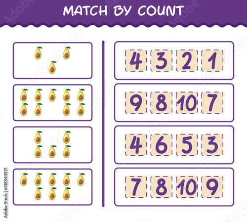 Match by count of cartoon avocado. Match and count game. Educational game for pre shool years kids and toddlers