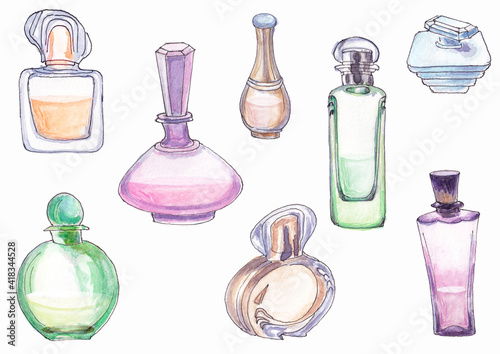  Illustrations of eight colored transparent glass perfume jars painted in watercolor isolated on a white background