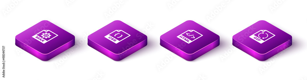 Set Isometric MAX file document, CSS, HTML and GIF icon. Vector. Set Isometric MAX file document, CSS, HTML and GIF icon. Vector.