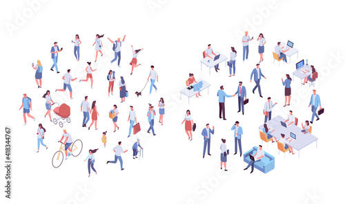 Different isomeric people vector set isolated on white. Male and female characters. Flat isometric vector..