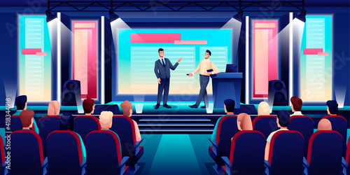 Business conference or seminar in auditorium hall. Speaker on podium giving presentation to audience in seats vector illustration. Event or forum convention in modern center