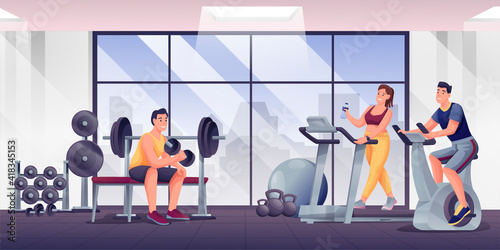 People exercising in fitness gym. Room with sport equipment for workouts vector illustration. Woman and men training on treadmill, bike, lifting dumbbells. Healthy lifestyle
