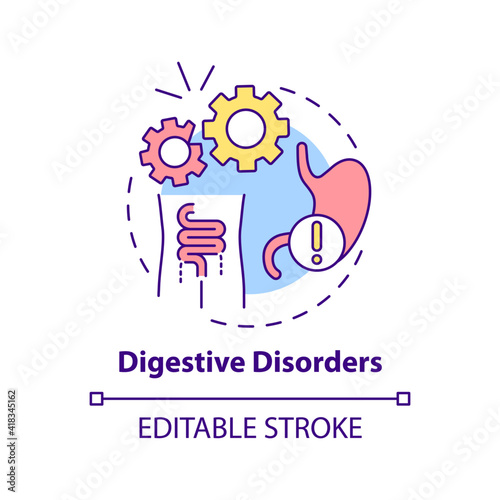 Digestive disorders concept icon. Gastrointestinal symptoms idea thin line illustration. Stomach upset. Pneumonia and digestive tract. Vector isolated outline RGB color drawing. Editable stroke