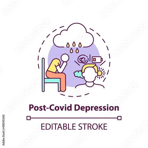 Post-covid depression concept icon. Mental health issue idea thin line illustration. Post-traumatic stress disorder. Effects of disease.Vector isolated outline RGB color drawing. Editable stroke