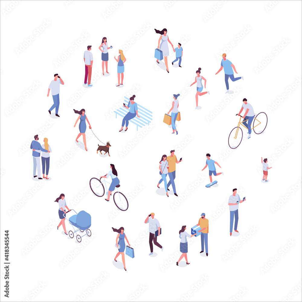 Different isometric people vector set isolated on white. Male and female have outdoor activity. Different isometric people vector set isolated on white. Male and female have outdoor activity.
