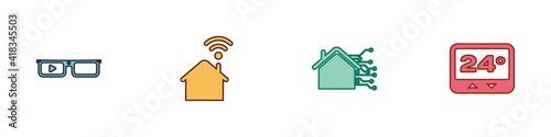 Set Smart glasses, home with wi-fi, and Thermostat icon. Vector.