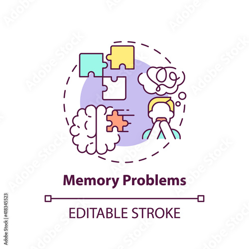 Memory problems concept icon. Short-term memory loss and confusion idea thin line illustration. Effects after infection. Respiratory virus. Vector isolated outline RGB color drawing. Editable stroke