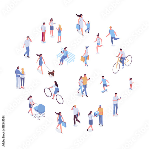 Different isometric people vector set isolated on white. Male and female have outdoor activity. 