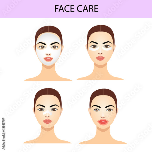 Facial care. Face mask, patches, nose and lip mask, vector