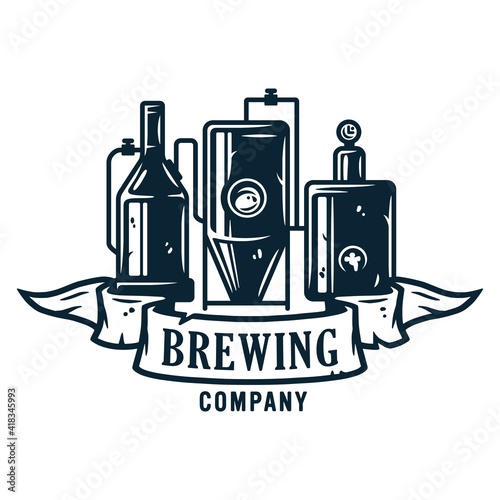 Traditional brewing process. Craft beer or brewery factory. Emblem for pub and bar