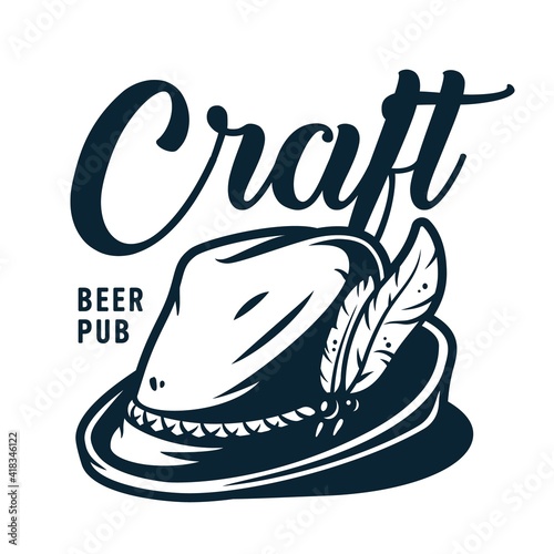 Emblem with beer bavarian hat and feather for oktoberfest. Logo of traditional cap for alcohol october fest