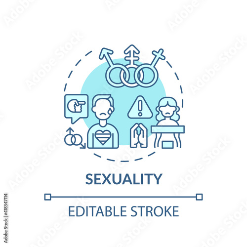 Sexuality turquoise concept icon. LGBTQ people discrimination. Sexual orientation. Religious issues idea thin line illustration. Vector isolated outline RGB color drawing. Editable stroke