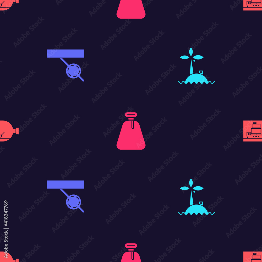 Set Tropical island in ocean, Pirate eye patch, sack and Bottle with ship inside on seamless pattern. Vector. Set Tropical island in ocean, Pirate eye patch, sack and Bottle with ship inside on seamless pattern. Vector.