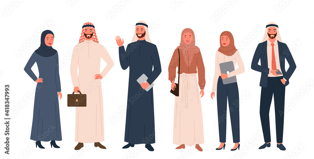 Arab people set, happy saudi woman, man in modern and traditional