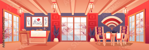 Japanese restaurant interior design background. Asian traditional cuisine with sushi and rice vector illustration. Modern room with table, counter, walls with paintings, windows, lanterns