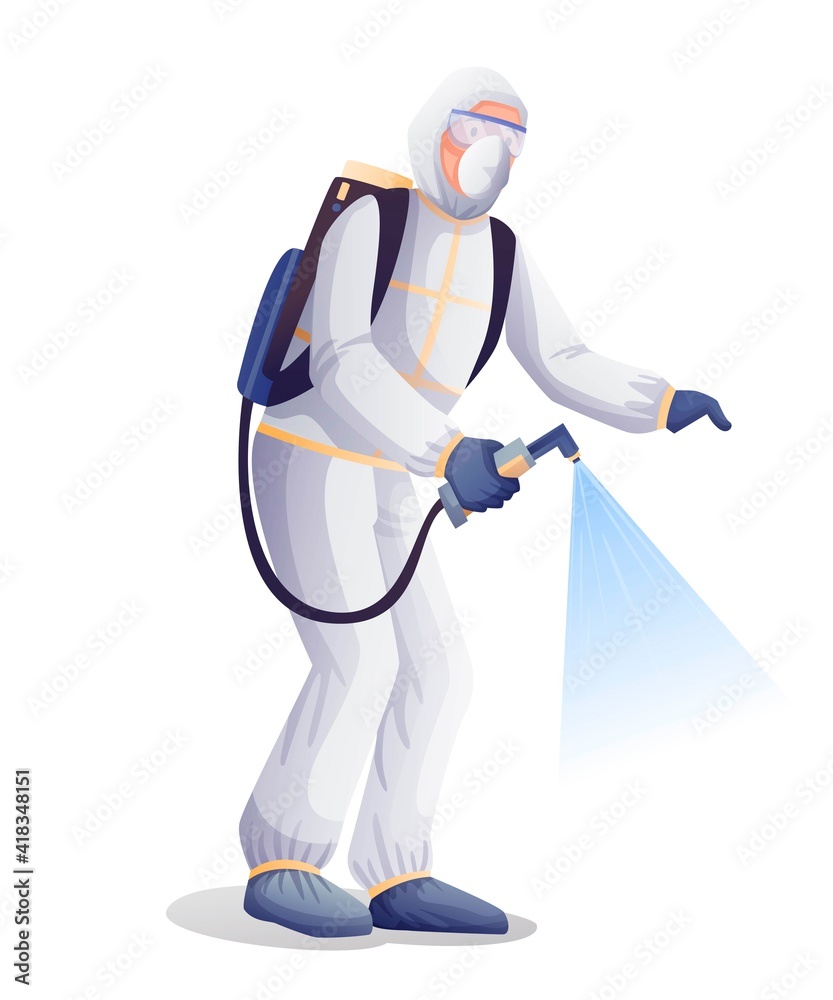 Professional disinfecting or desinsecting room from coronavirus or insects. Cleaning protection and decontamination vector illustration. Person in safety suit and mask spraying with equipment