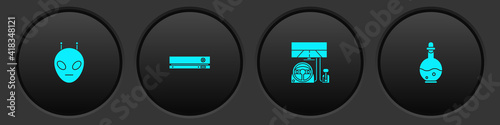 Set Alien, Video game console, Racing simulator cockpit and Bottle with magic elixir icon. Vector.