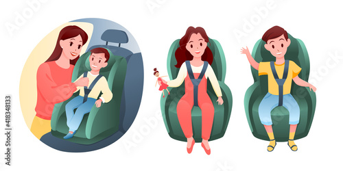 Baby children sit on car vehicle seat, happy boy and girl sitting in chair to road travel