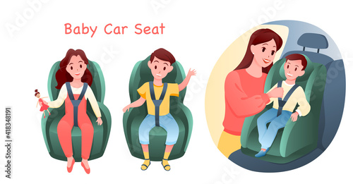 Baby auto car seat set, safe road transportation for child, boy and girl sitting in chair