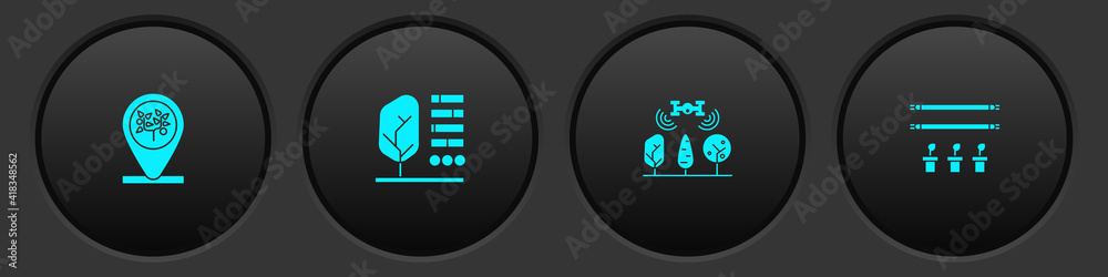 Set Location and tree, Plant status, Smart farm with drone and bulb plant icon. Vector. Set Location and tree, Plant status, Smart farm with drone and bulb plant icon. Vector.