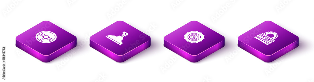 Set Isometric Steering wheel, Gear shifter, Car and tire icon. Vector. Set Isometric Steering wheel, Gear shifter, Car and tire icon. Vector.