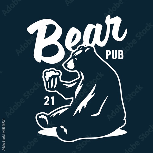Emblem of brewery bear with mug of craft brewing beer for bar or pab