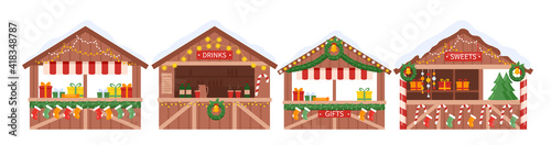 Canvas Print Christmas market stall kiosk set, traditional wooden winter Christmas fair marke