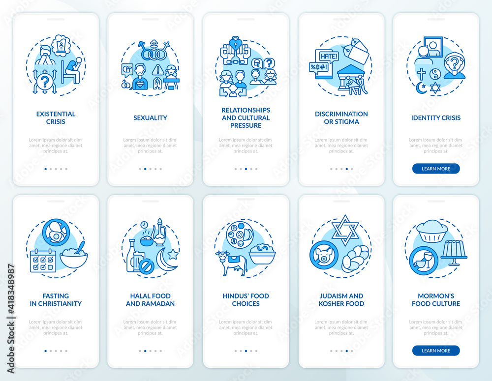 World religions blue onboarding mobile app page screen with concepts set. Food and fasting. Religious issues walkthrough 5 steps graphic instructions. UI vector template with RGB color illustrations