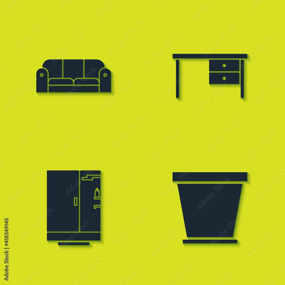 Set Sofa, Flower pot, Shower cabin and Office desk icon. Vector. Set Sofa, Flower pot, Shower cabin and Office desk icon. Vector.