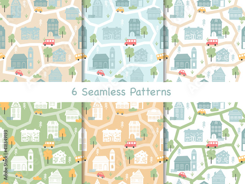 Town houses seamless pattern, scandinavian map townscape collection of city landscape