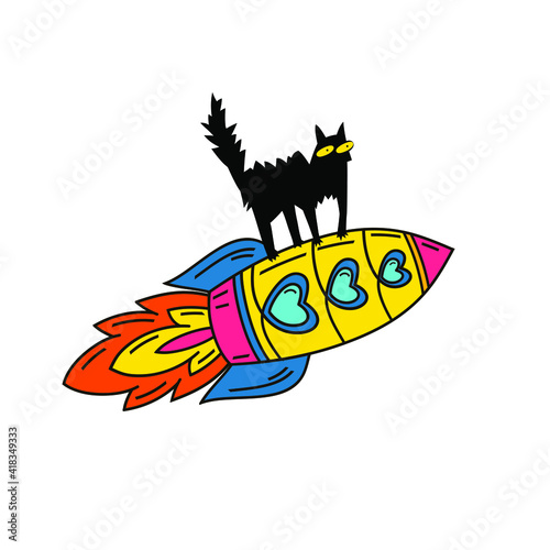 Cosmonautics Day. Rocket Cat. Cosmic space , rocket, satellite, stars, planet, comet. Hand drawn vector illustration.