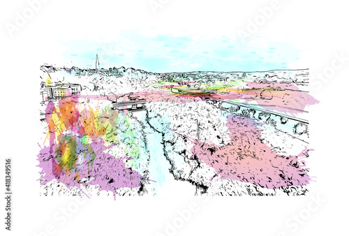 Building view with landmark of Exeter is an ancient city on the River Exe in southwest England. Watercolour splash with hand drawn sketch illustration in vector.