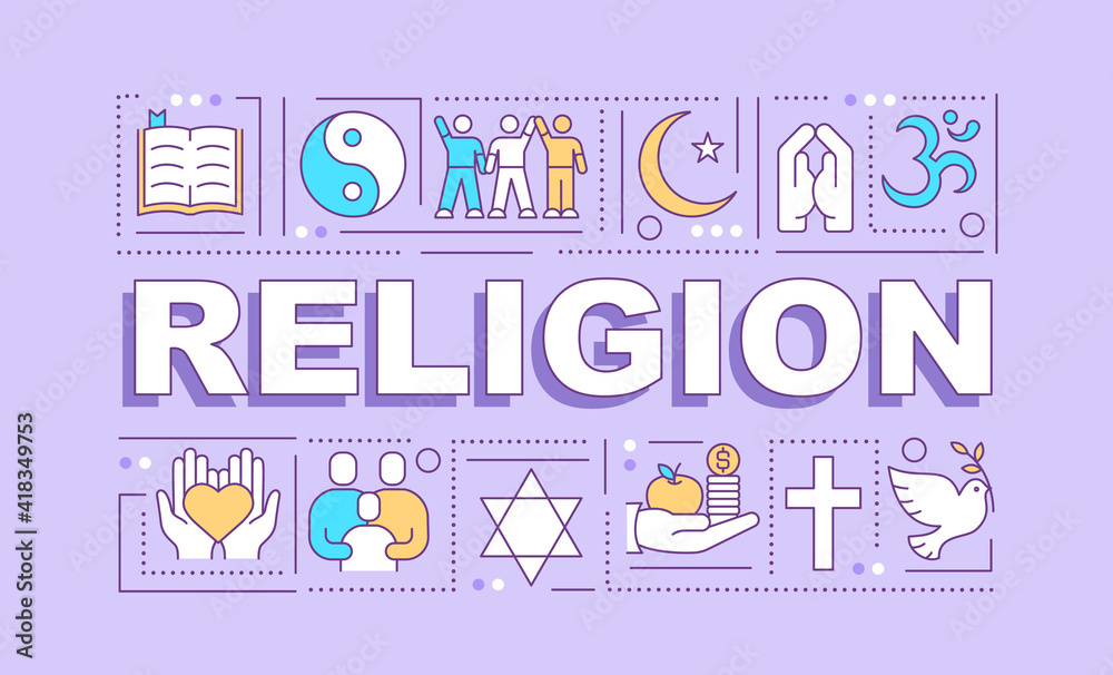 Religion word concepts banner. Spirituality and belief. Religious community. Infographics with linear icons on violet background. Isolated typography. Vector outline RGB color illustration